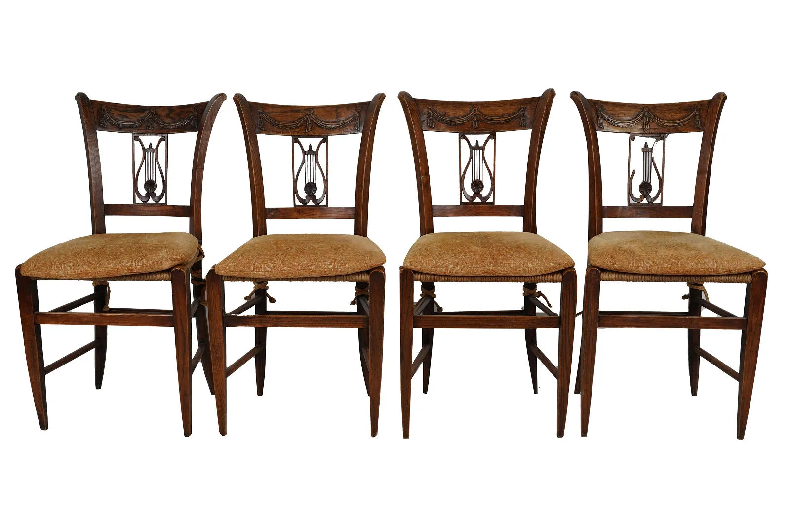 AF2-028: ANTIQUE SET OF 4 EARLY 19TH CENTURY AMERICAN FEDERAL CARVED OAK DINING CHAIRS