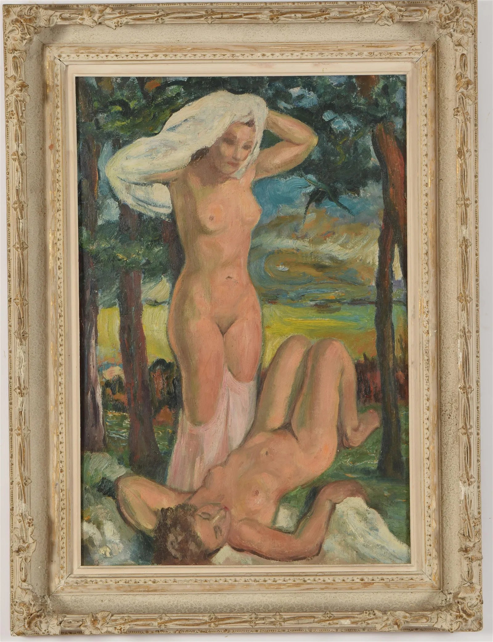 AW588: Early 20th Century Post-Impressionist Painting of Nudes in a Landscape - Oil on Canvas