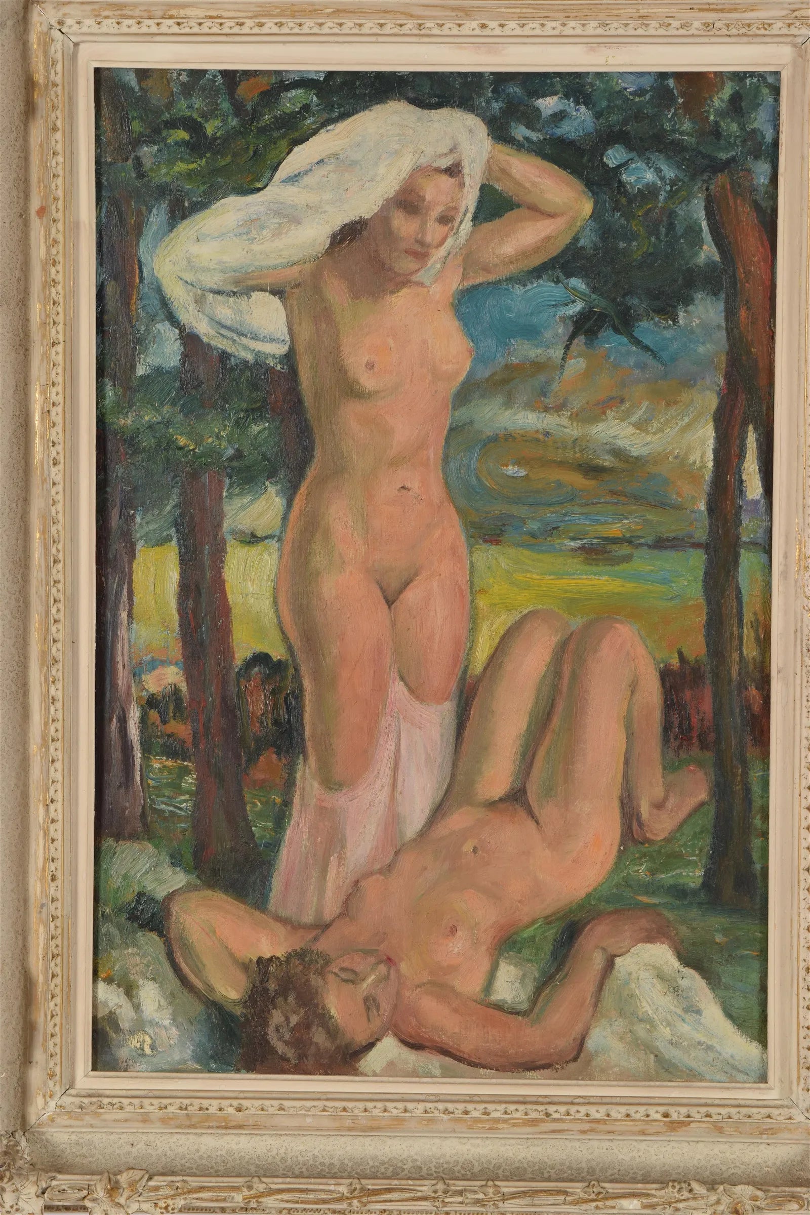 AW588: Early 20th Century Post-Impressionist Painting of Nudes in a Landscape - Oil on Canvas
