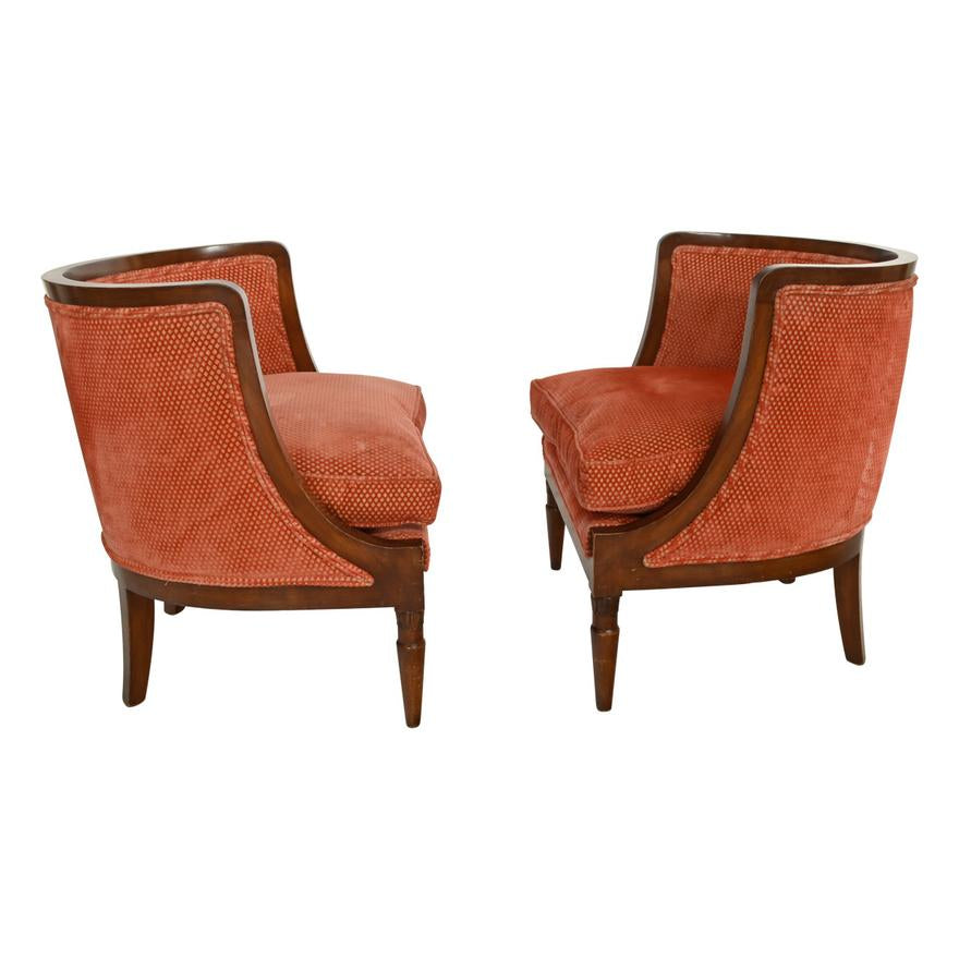 AF2-027: Pair Vintage Barrel Back Tub Chairs With Cut Velvet Upholstery Mid 20th Century Modern