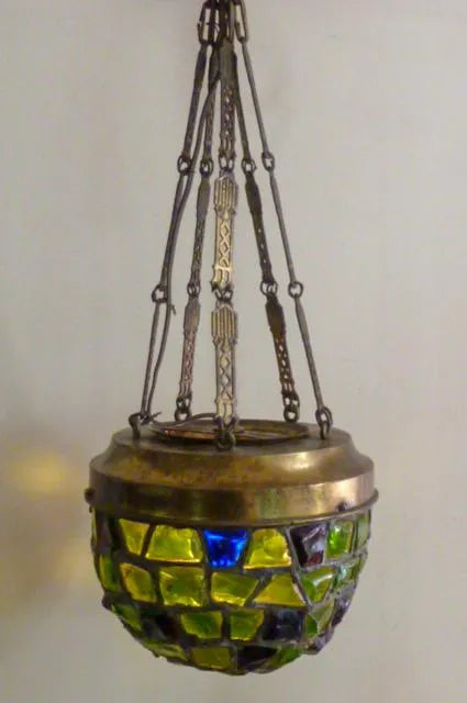 AL1-054: Antique Early 20th C Art Nouveau / Arts & Crafts Chunk Glass Pendant Light