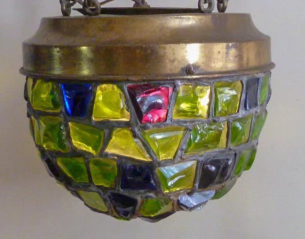 AL1-054: Antique Early 20th C Art Nouveau / Arts & Crafts Chunk Glass Pendant Light