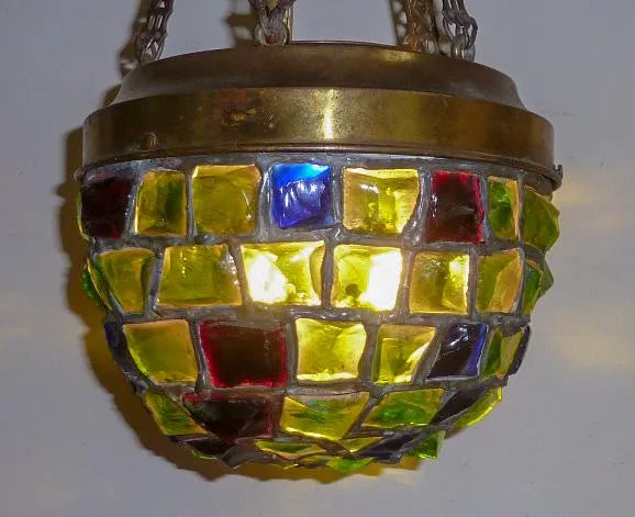AL1-054: Antique Early 20th C Art Nouveau / Arts & Crafts Chunk Glass Pendant Light