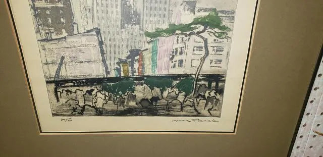 AW7-110: Max Pollak - Gravestones & Skyscrapers - Modernist Hand Colored Etching