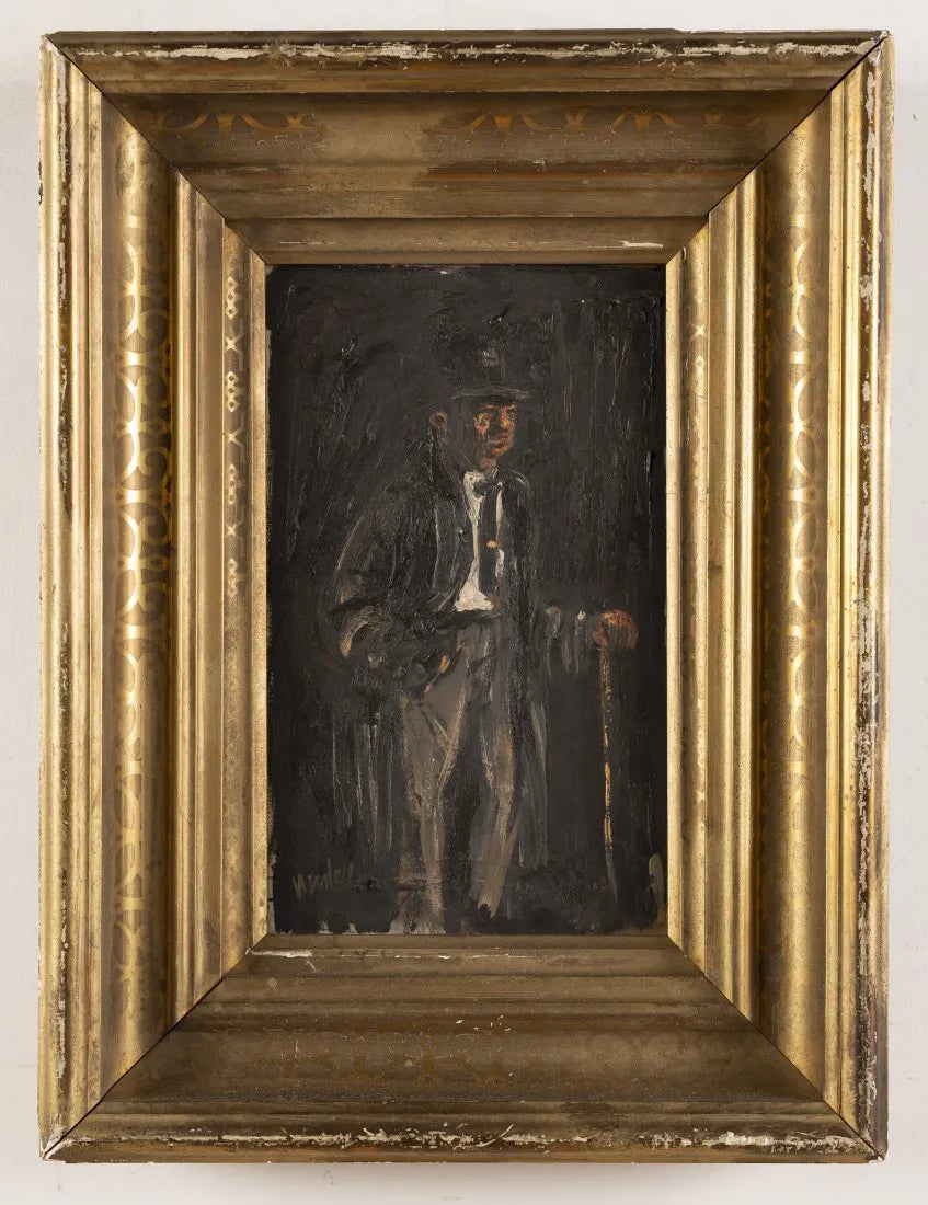 AW545: Early 20th American Modernist / Ashcan School - Fancy Man with Cane - Oil on Board