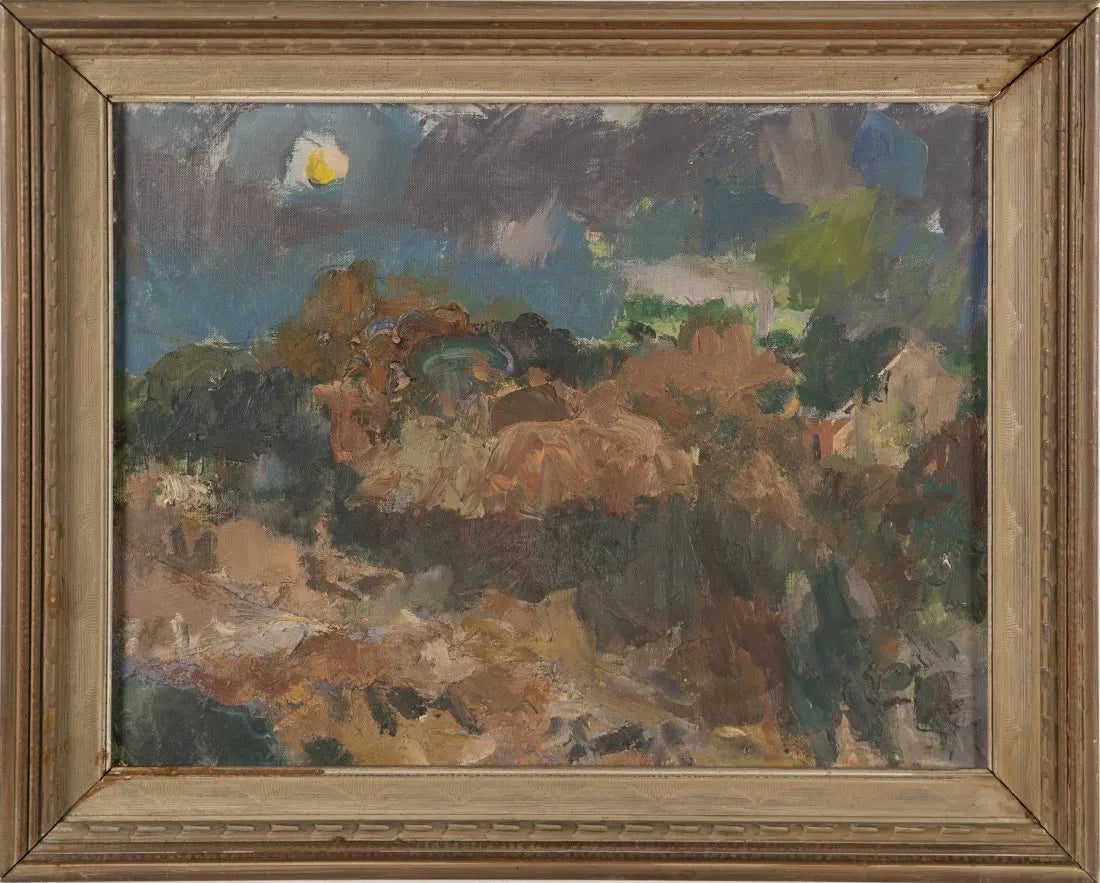 AW543: Carl Zimmerman - "Autumn Twilight” American Modernist Landscape Oil on Board Painting