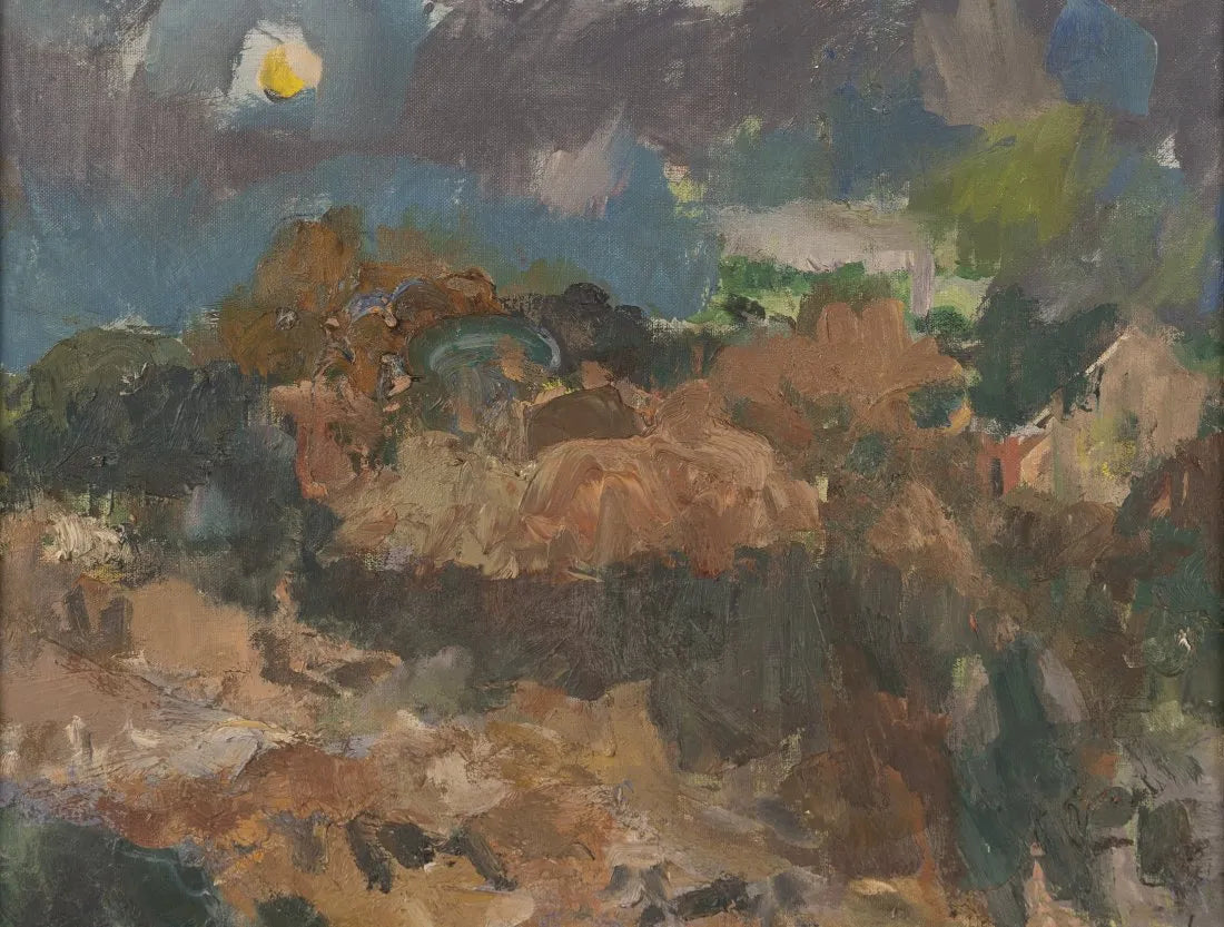 AW543: Carl Zimmerman - "Autumn Twilight” American Modernist Landscape Oil on Board Painting