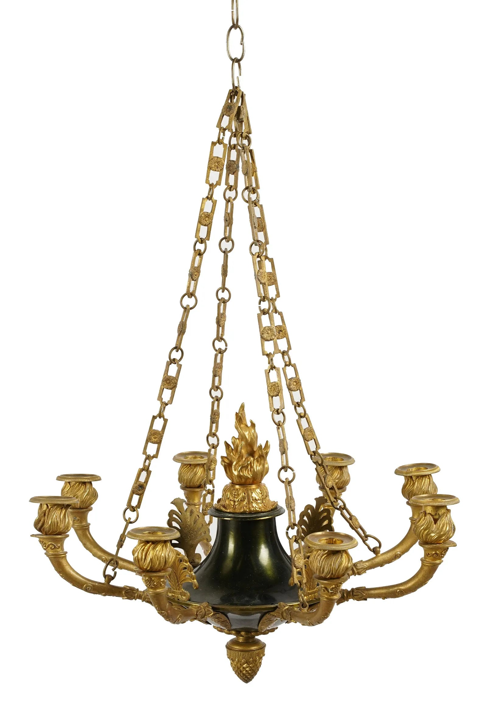 AL1-061: Antique Early 19th Century French Empire Gilt Brass Eight Light Chandelier