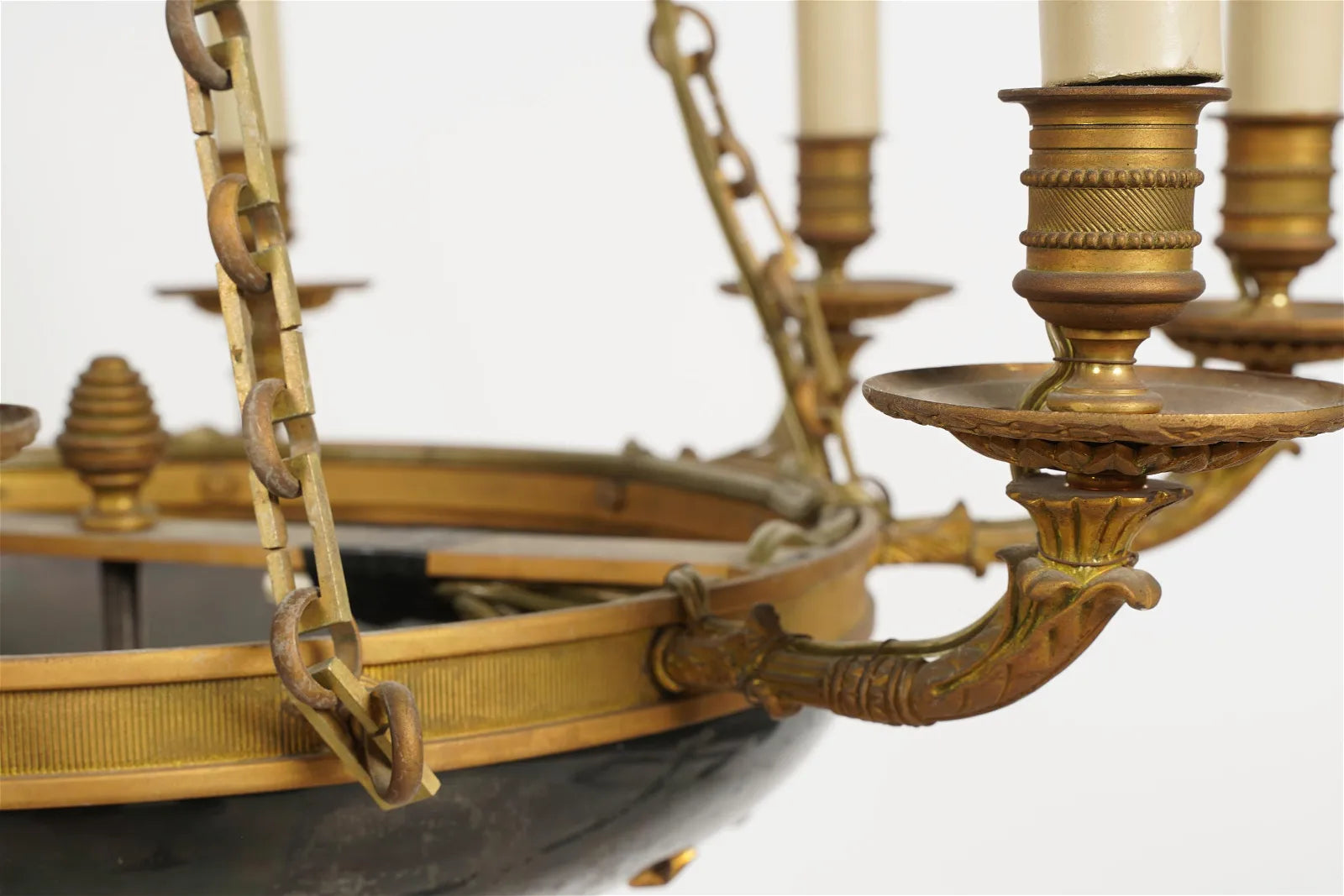 AL1-065: Antique Early 19th Century French Empire Mercury Fire Gilt Brass Eight Light Chandelier