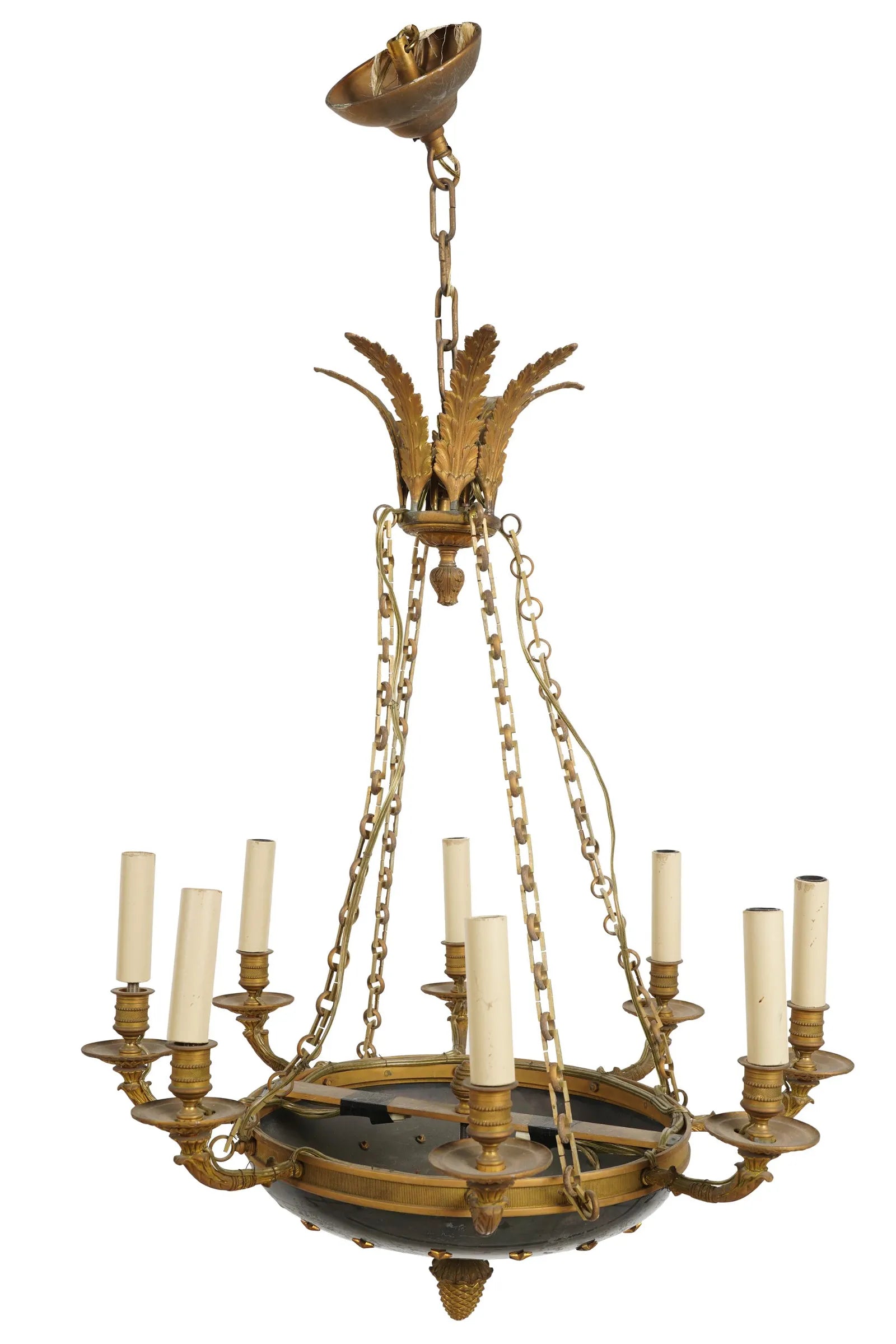 AL1-065: Antique Early 19th Century French Empire Mercury Fire Gilt Brass Eight Light Chandelier