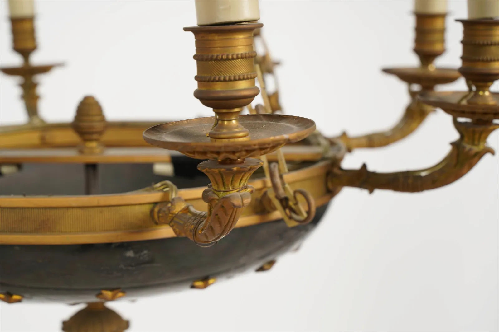 AL1-065: Antique Early 19th Century French Empire Mercury Fire Gilt Brass Eight Light Chandelier