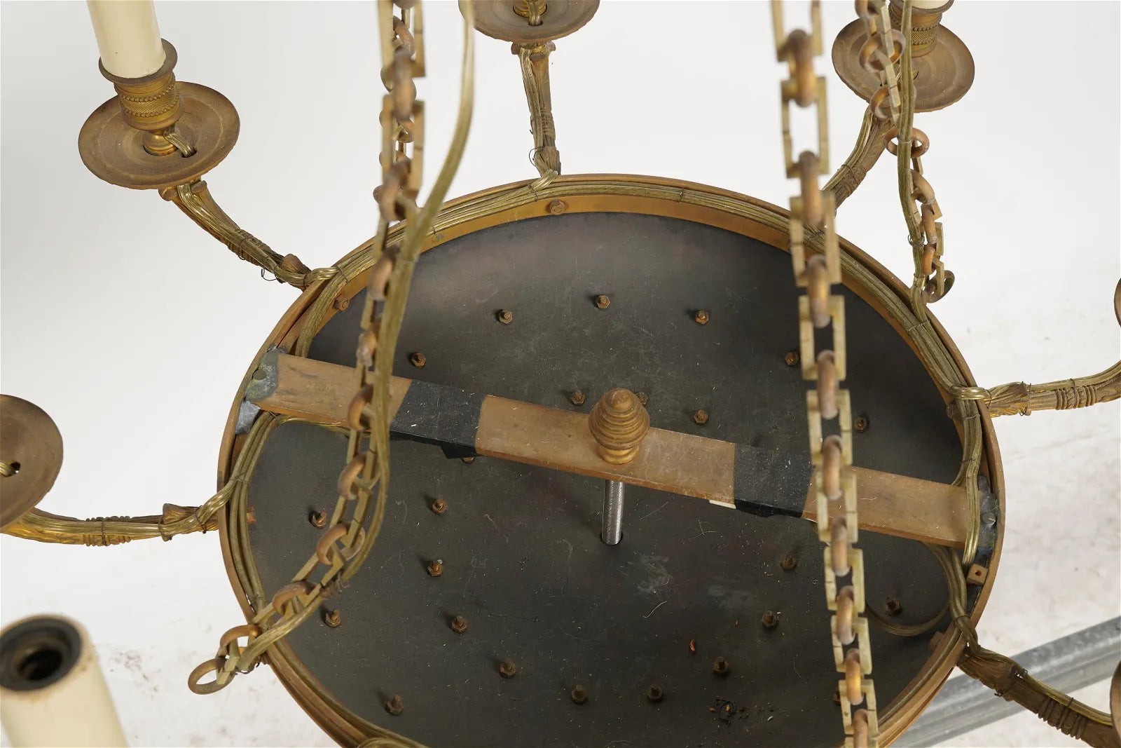 AL1-065: Antique Early 19th Century French Empire Mercury Fire Gilt Brass Eight Light Chandelier