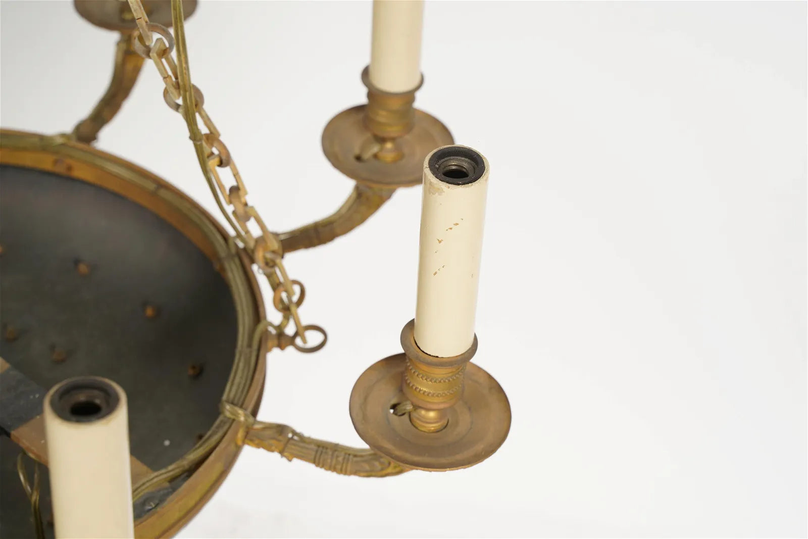 AL1-065: Antique Early 19th Century French Empire Mercury Fire Gilt Brass Eight Light Chandelier