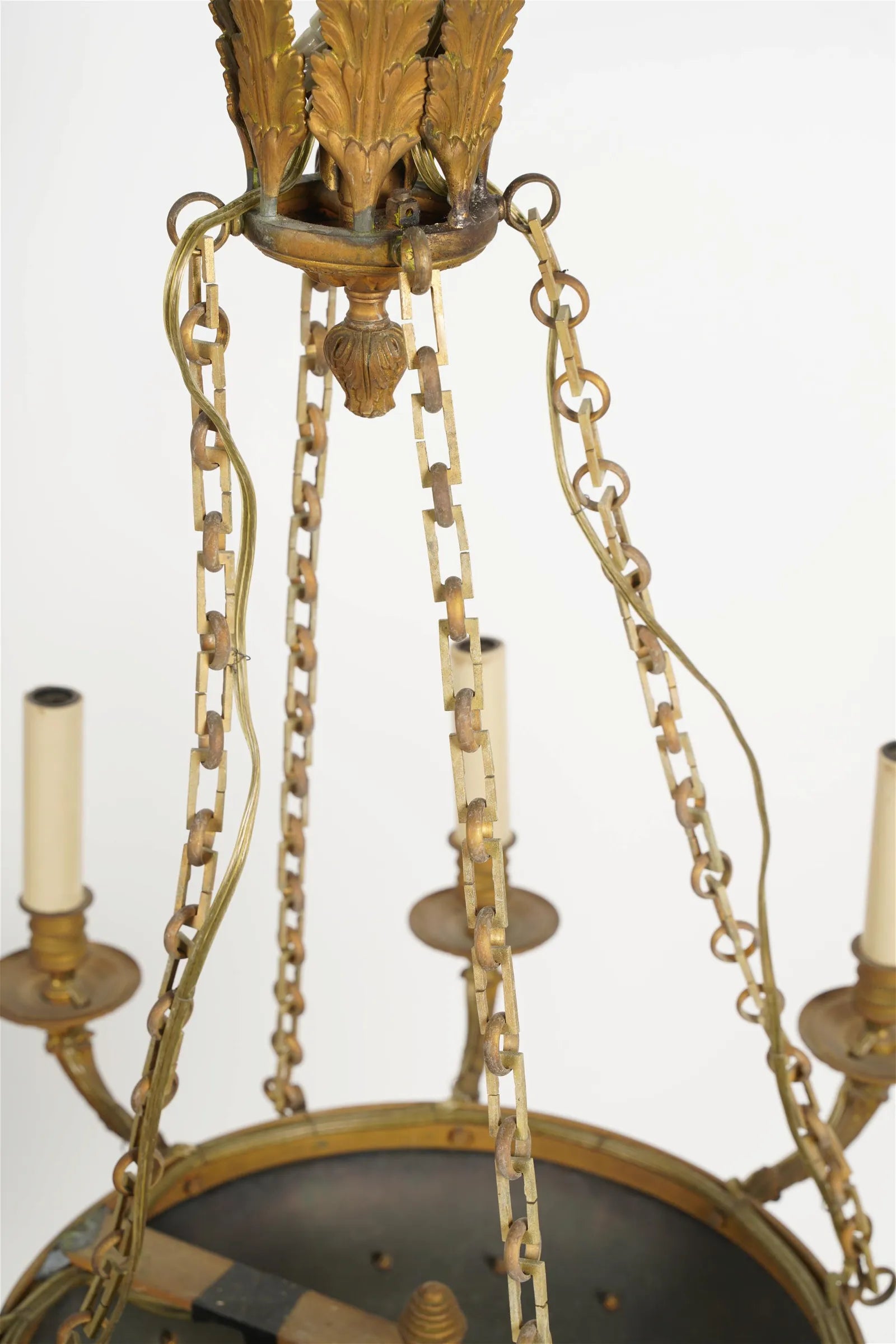 AL1-065: Antique Early 19th Century French Empire Mercury Fire Gilt Brass Eight Light Chandelier