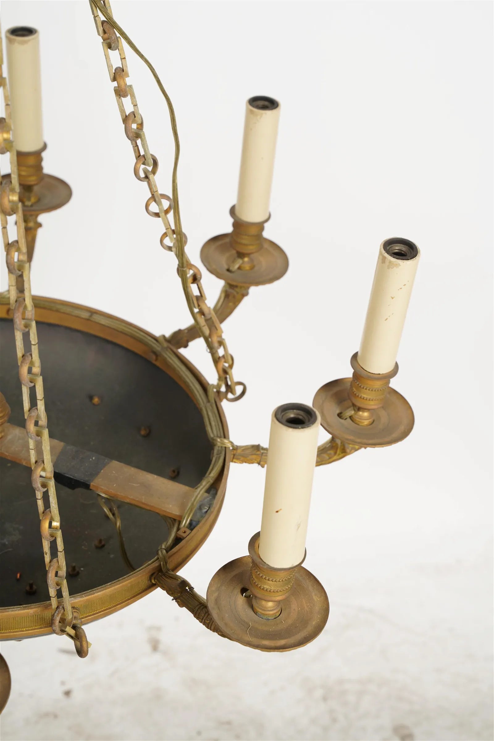 AL1-065: Antique Early 19th Century French Empire Mercury Fire Gilt Brass Eight Light Chandelier