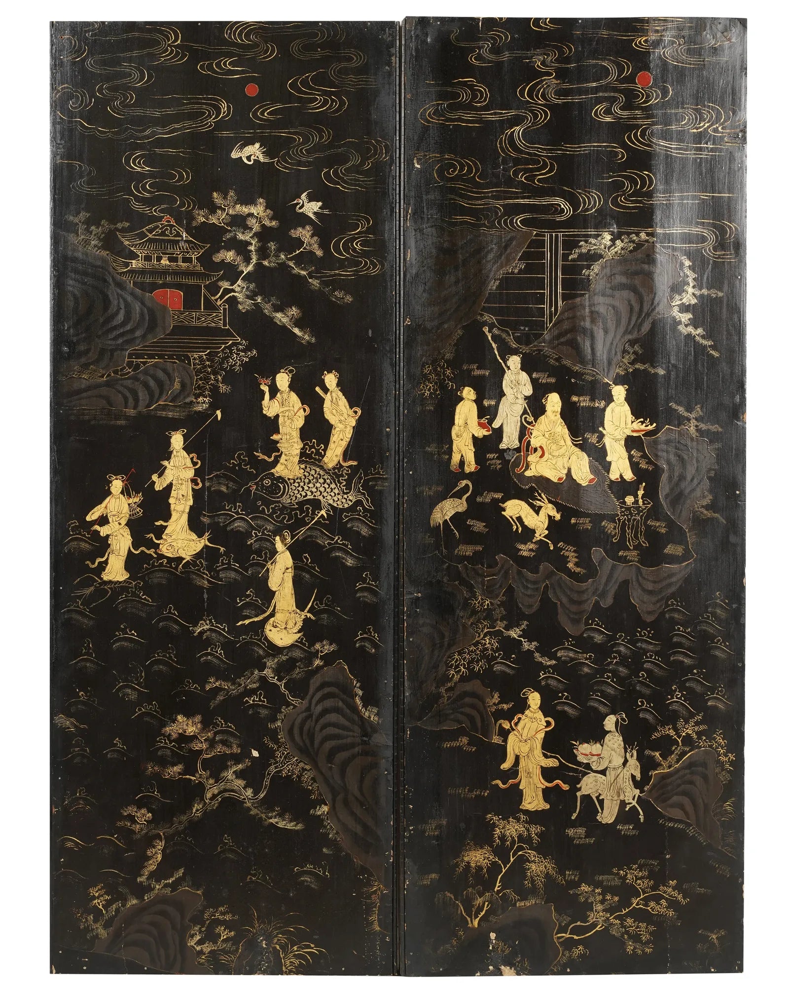AF10-010: Antique Late 19th Century Chinese 2 Panel Chinoiserie Screen With Figures