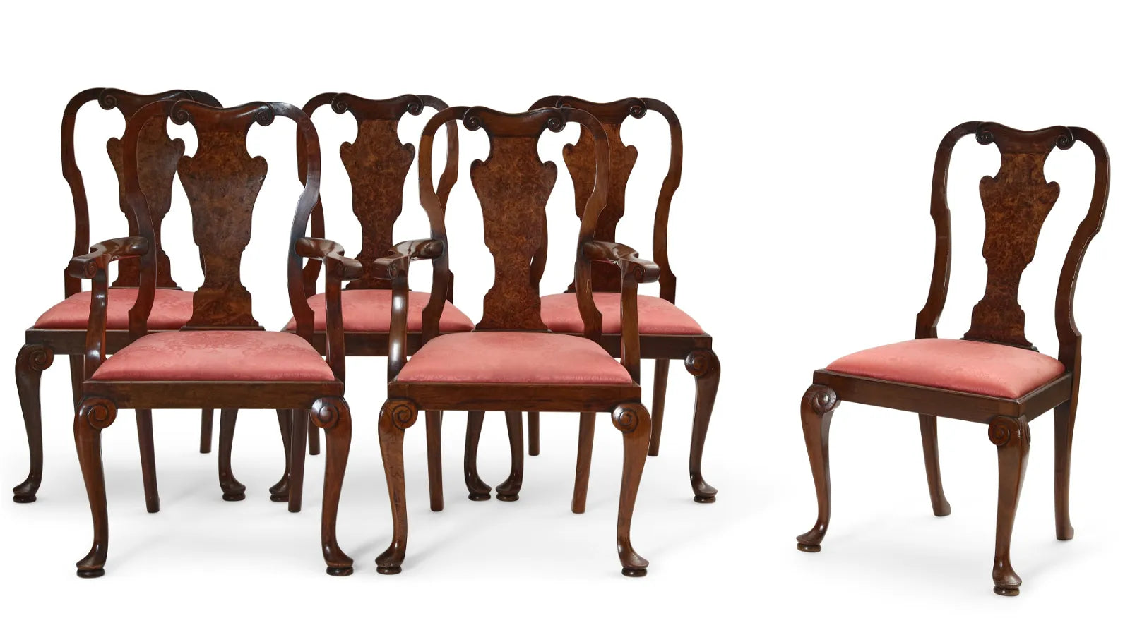 AF2-271: Antique Set of 6 Late 19th Century English Waring & Gallows Queen Anne Style Walnut & Burl Walnut Dining Chairs