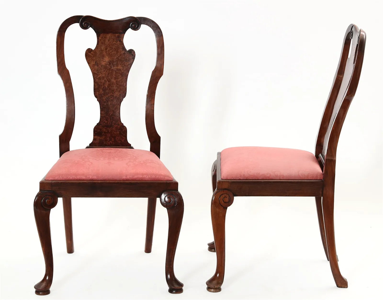AF2-271: Antique Set of 6 Late 19th Century English Waring & Gallows Queen Anne Style Walnut & Burl Walnut Dining Chairs
