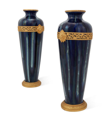 Pair French Cobalt Gilt Bronze Mounted Vases | Work of Man