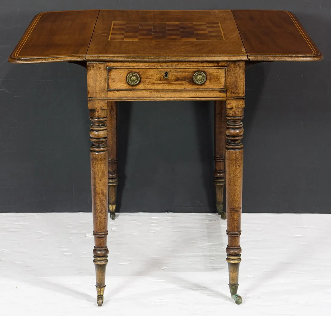 AF1-017:  Antique Period American Federal Mahogany Inlay Drop Leaf Games Table Circa 1800