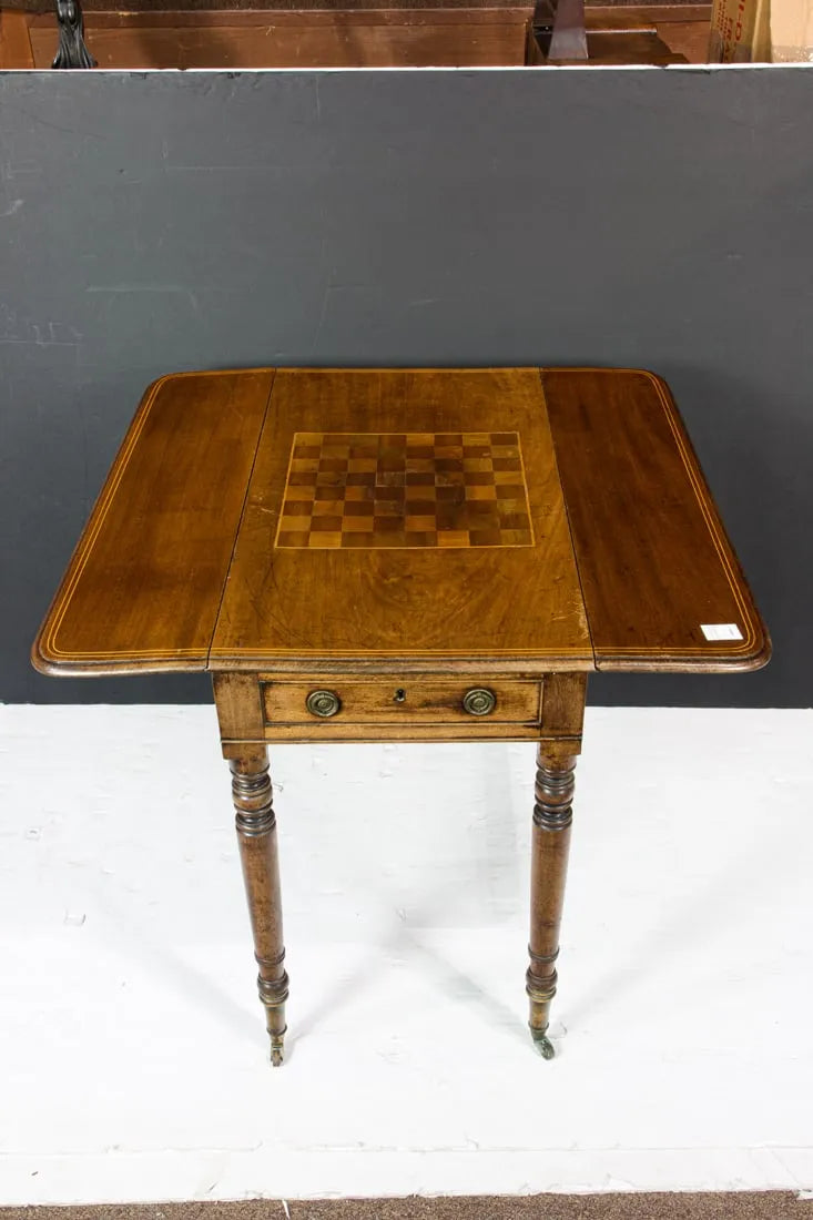 AF1-017:  Antique Period American Federal Mahogany Inlay Drop Leaf Games Table Circa 1800