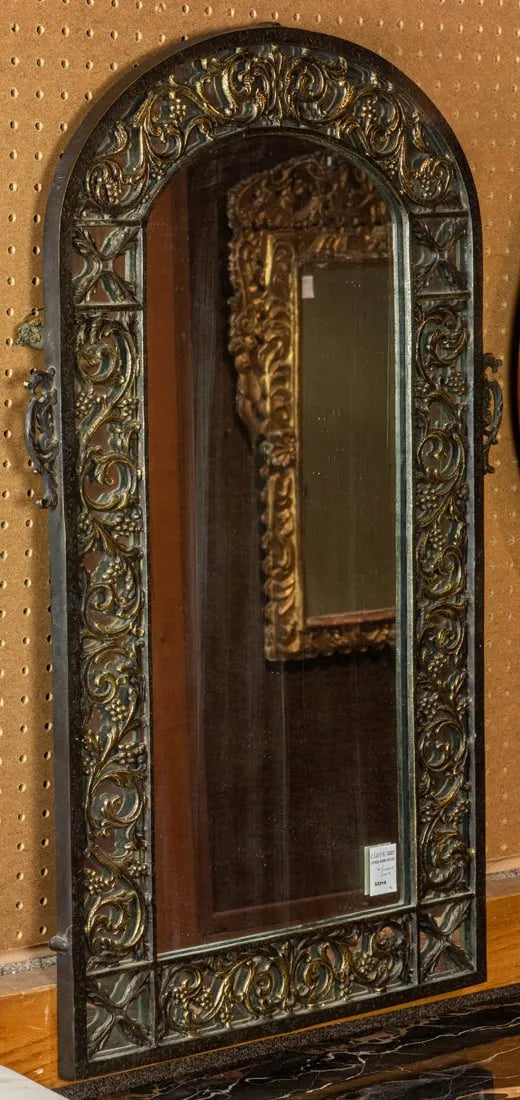 AF1-081: Antique  C 1920's Oscar Bach Iron & Brass Demilune Console Table W/ Nero Portoro Marble Top W/ Matching Mirror