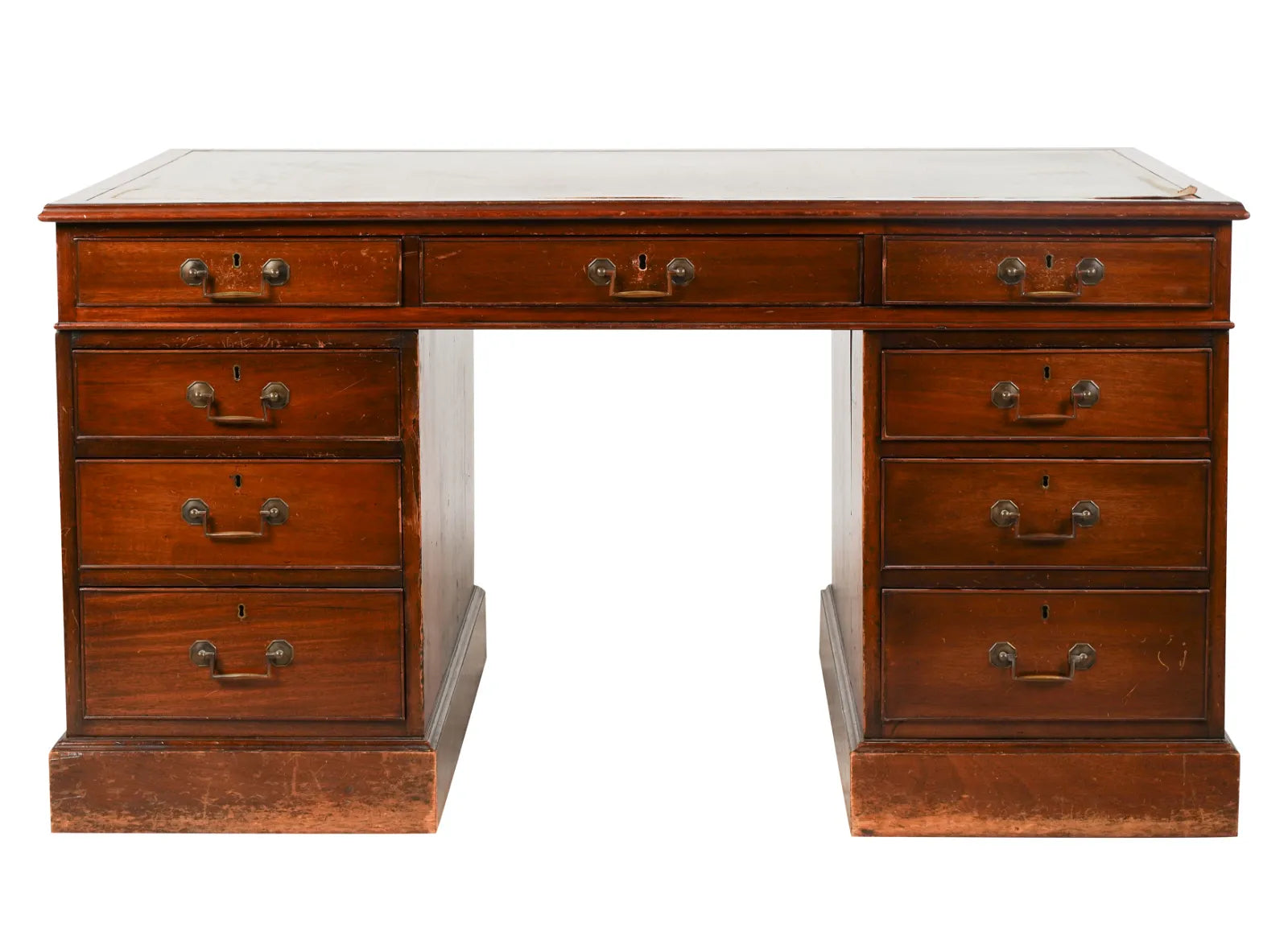 AF5-019: Restored Antique Mid 19th Century English Georgian Style  Mahogany Pedestal Desk W/ Leather Inset Top