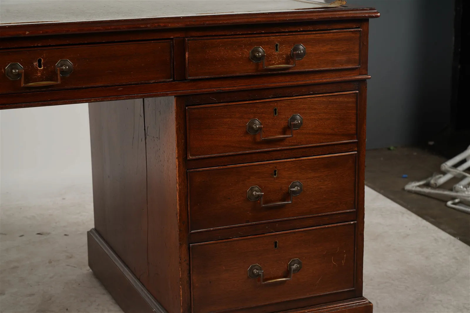 AF5-019: Restored Antique Mid 19th Century English Georgian Style  Mahogany Pedestal Desk W/ Leather Inset Top