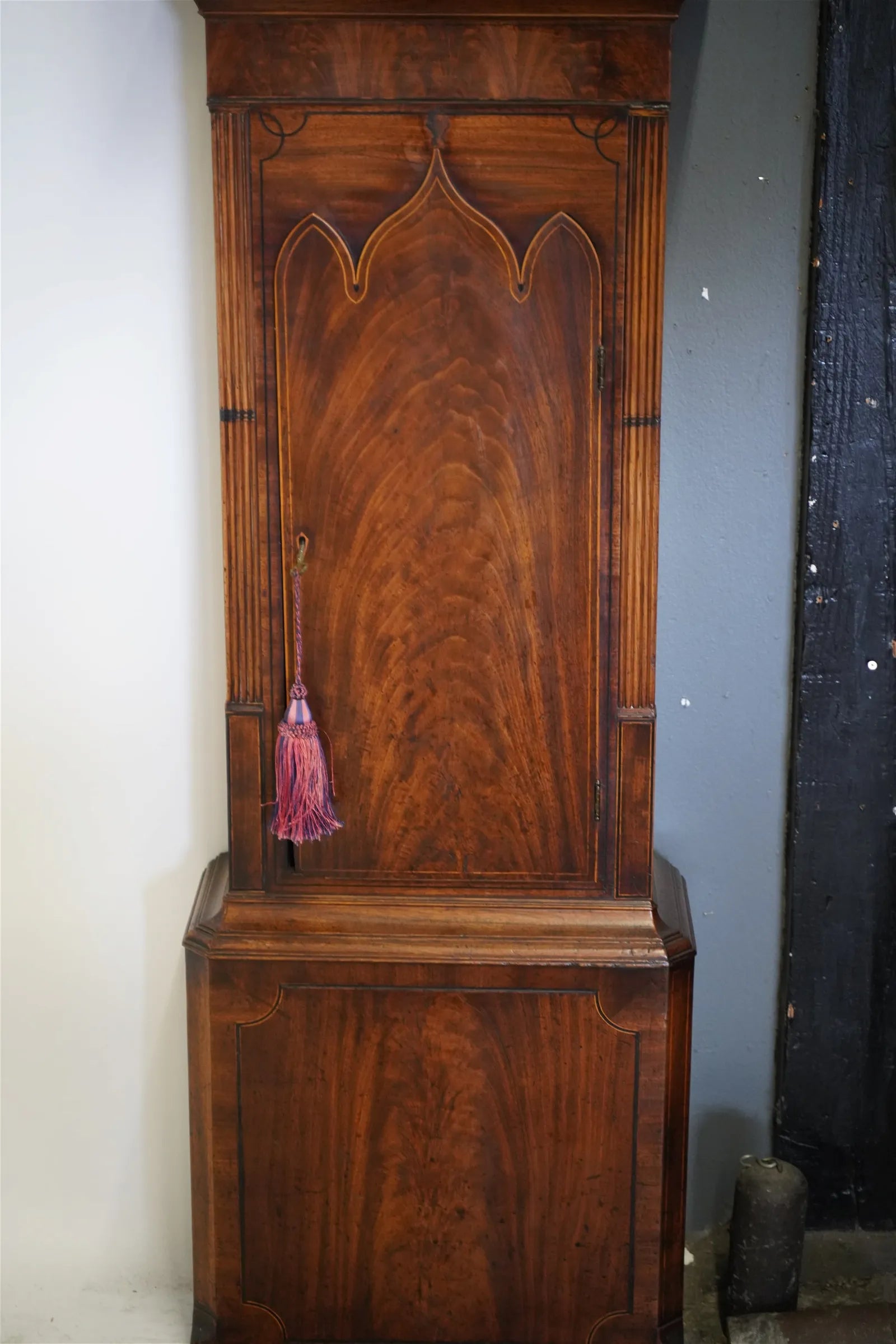 TK1-041: Late 18th Century English Gothic Style Mahogany Tall Case Clock