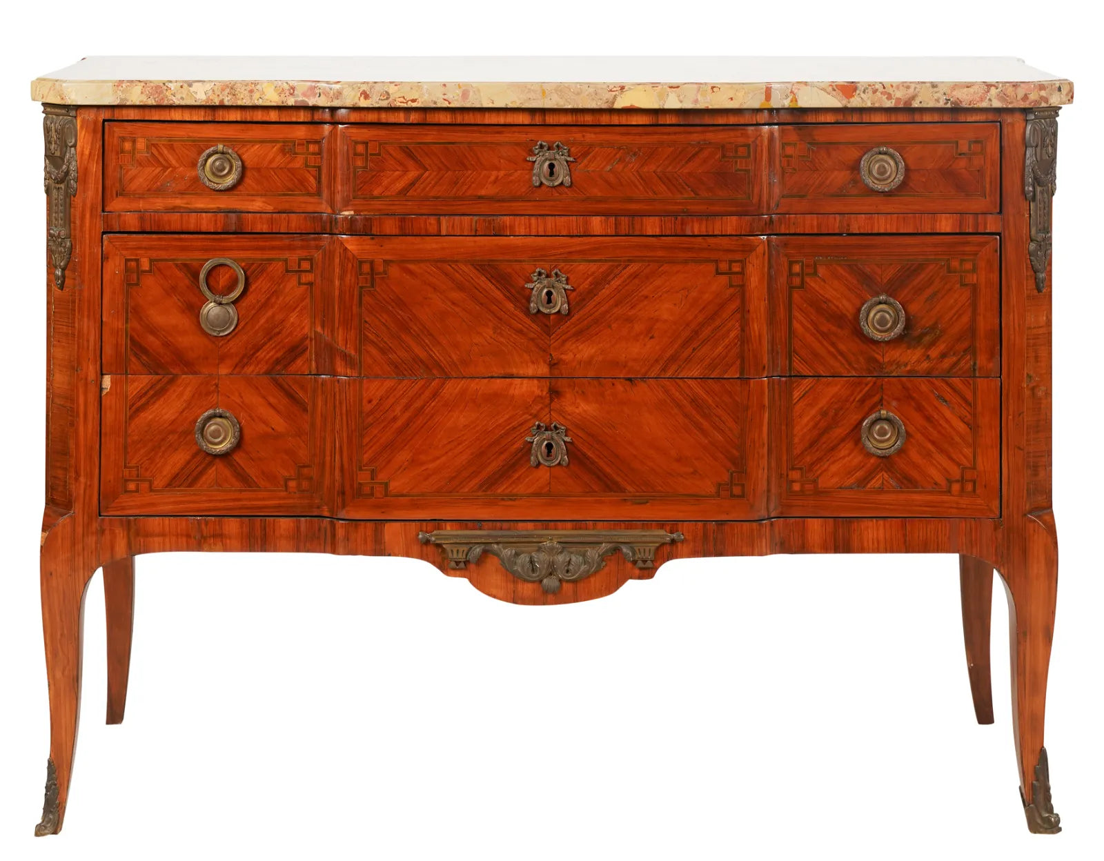 AF4-103: Antique Late 18th Century French Louis XV Parquetry Commode With Breche D'Alep Marble Top