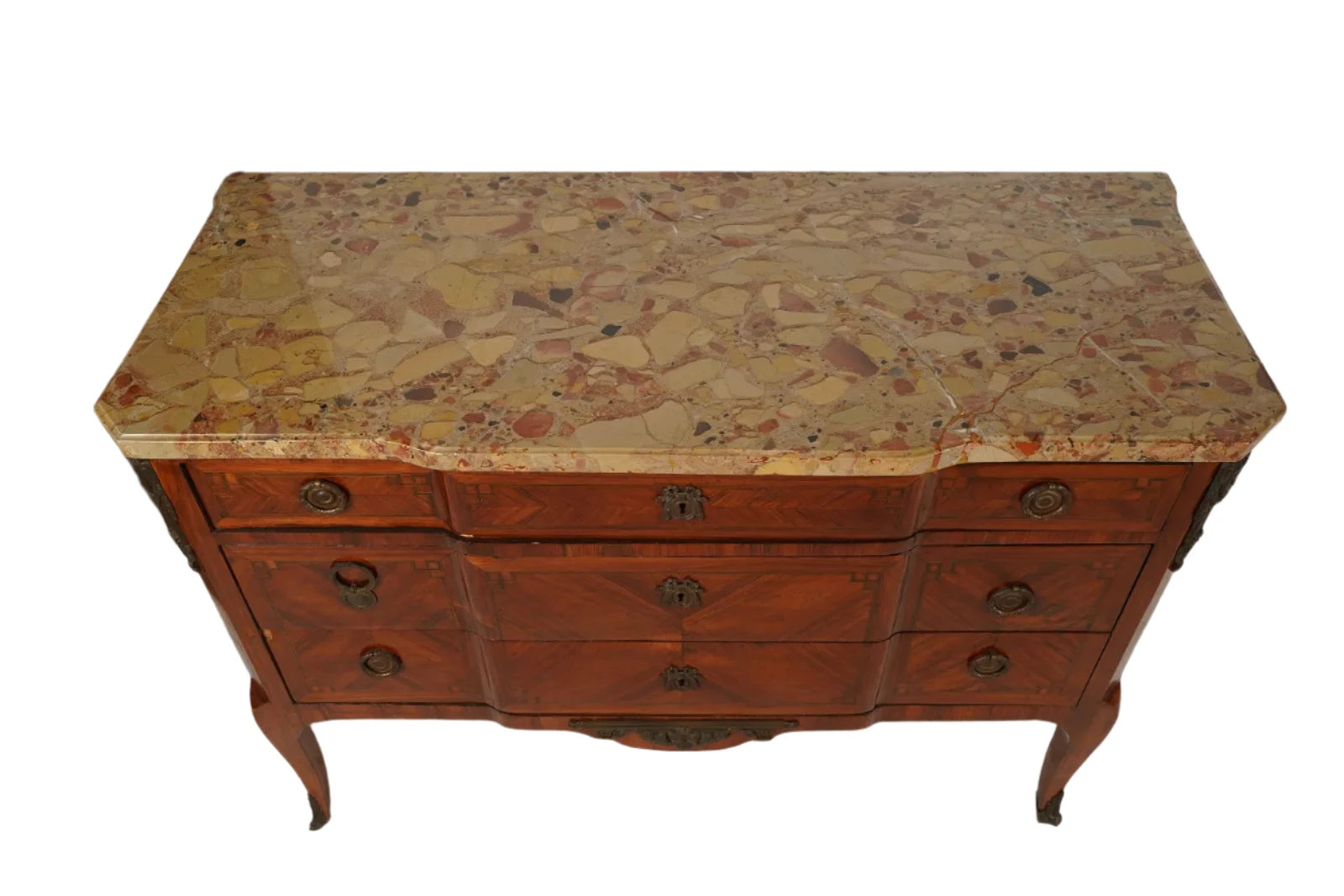 AF4-103: Antique Late 18th Century French Louis XV Parquetry Commode With Breche D'Alep Marble Top