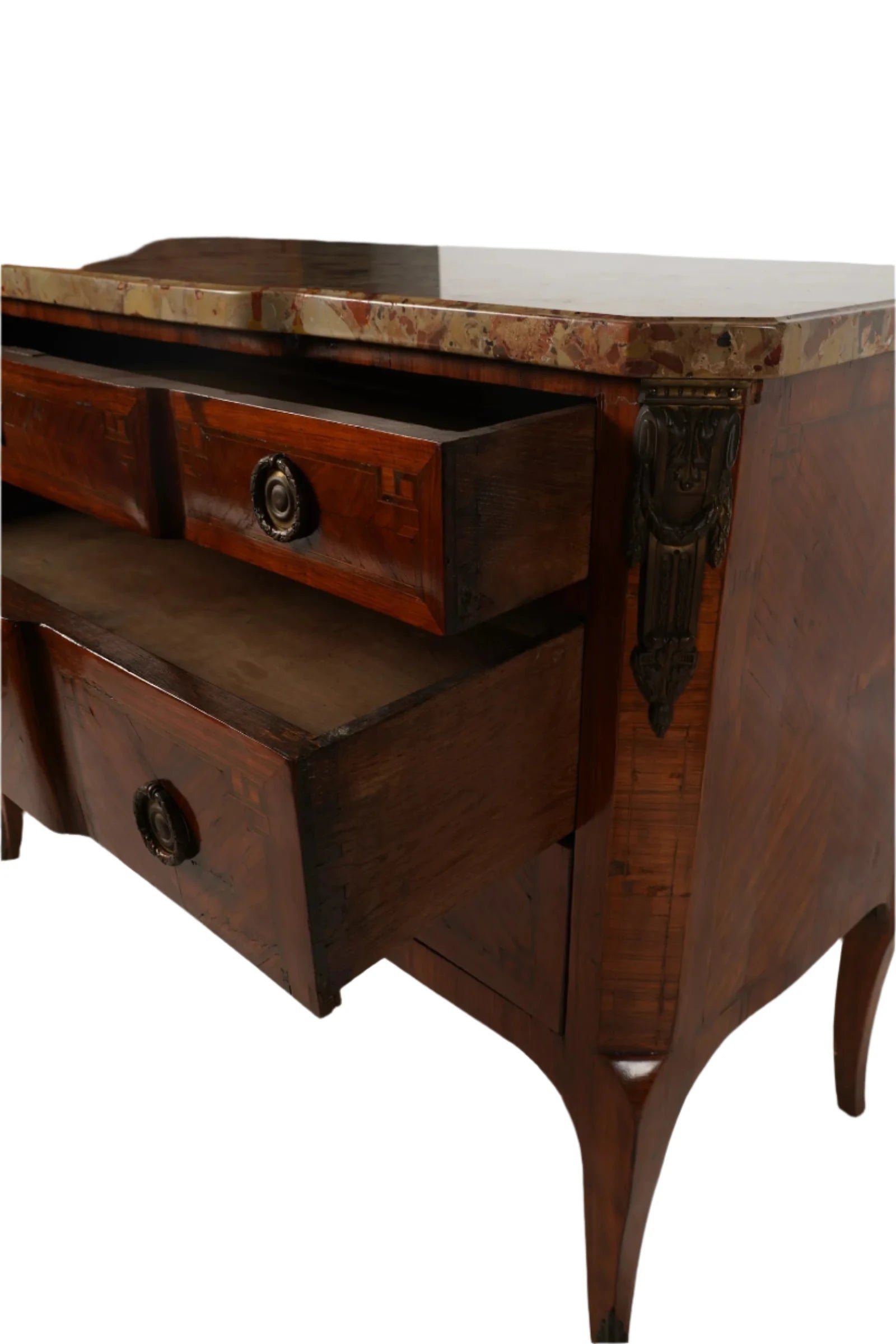 AF4-103: Antique Late 18th Century French Louis XV Parquetry Commode With Breche D'Alep Marble Top
