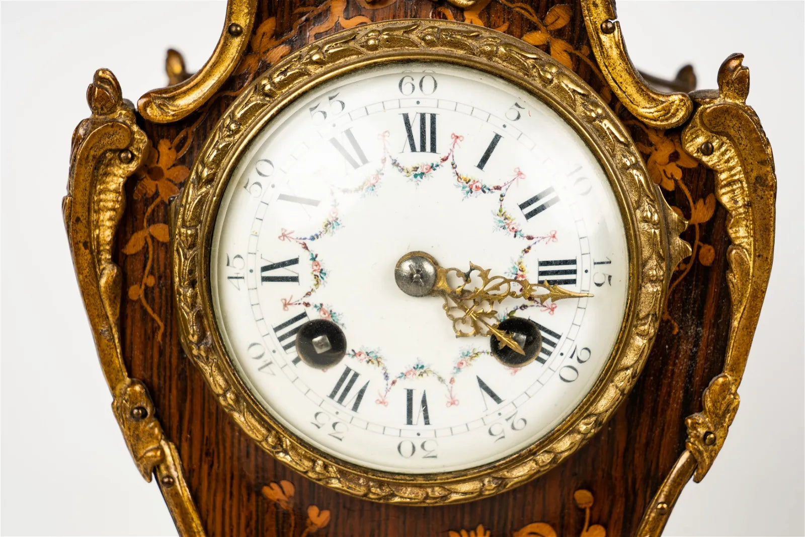 TK2-030: Early19th Century French Louis XV Style Mantle Clock With Mixed Wood Marquetry Case