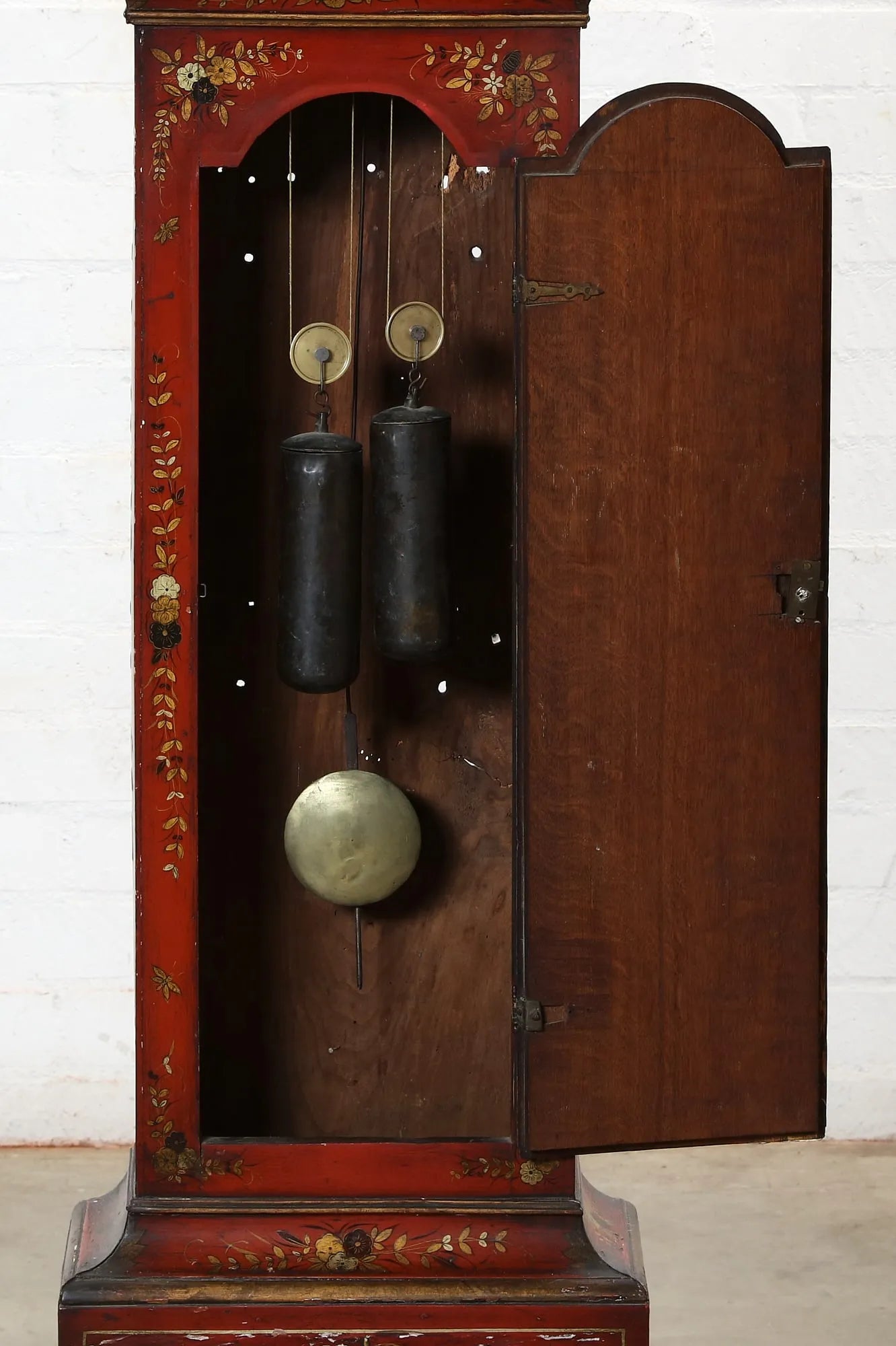 TK1-040: Early 19th Century English George II Red & Gilt Japanned Tall Case Clock - William Wire, Colchester