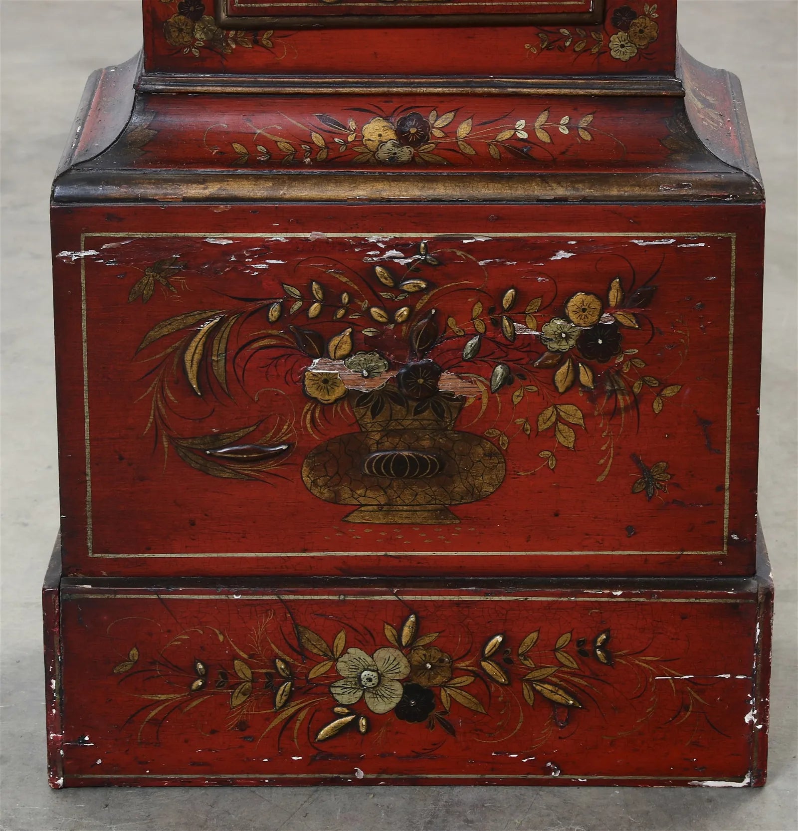 TK1-040: Early 19th Century English George II Red & Gilt Japanned Tall Case Clock - William Wire, Colchester