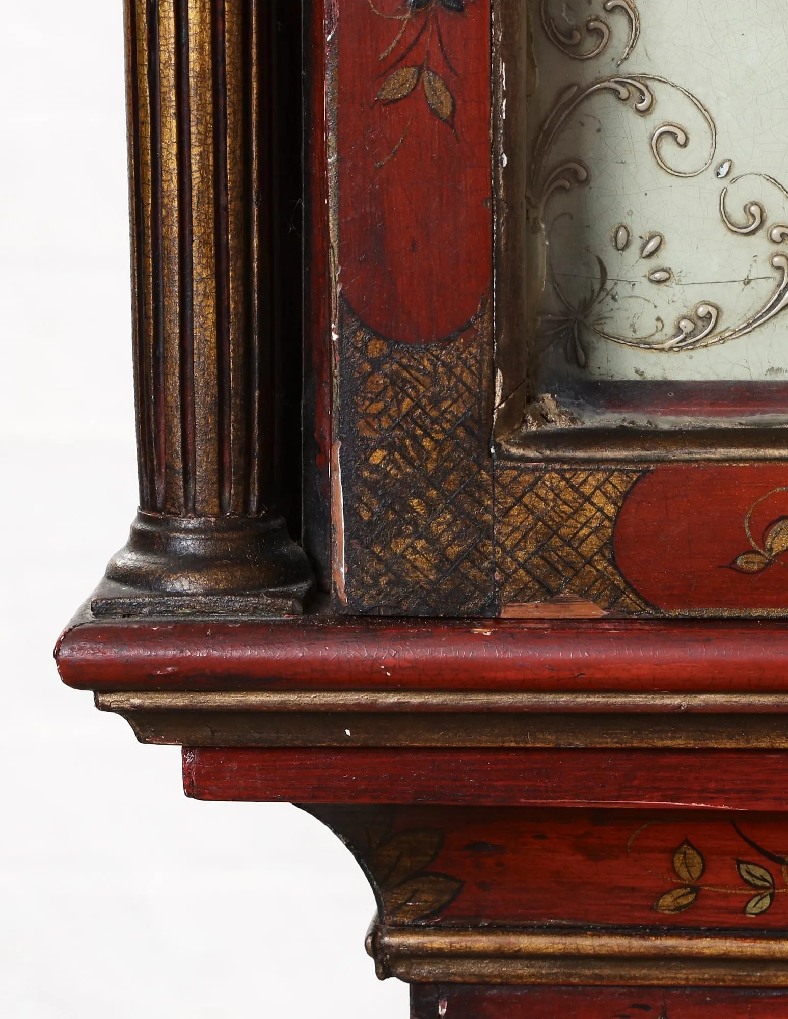 TK1-040: Early 19th Century English George II Red & Gilt Japanned Tall Case Clock - William Wire, Colchester