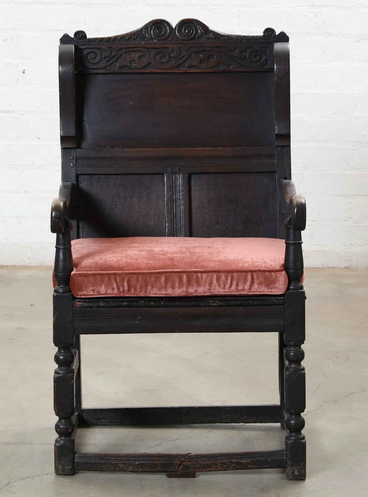 AF2-407: ANTIQUE MID 17TH C CHARLES II CARVED OAK WAINSCOT ARMCHAIR
