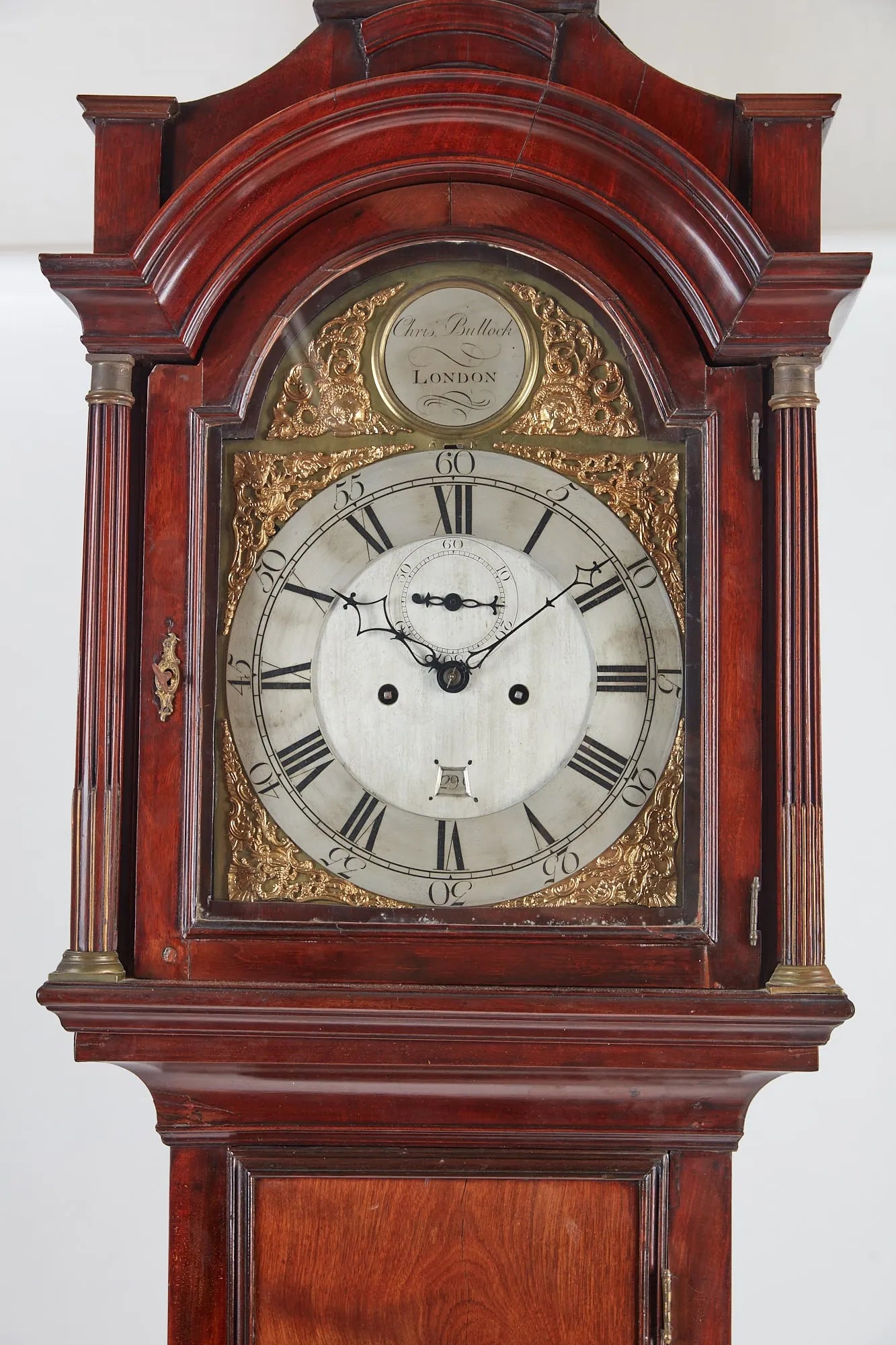 TK1-035: English George III mahogany tall case clock, Christopher Bullock, London Late 18th Century