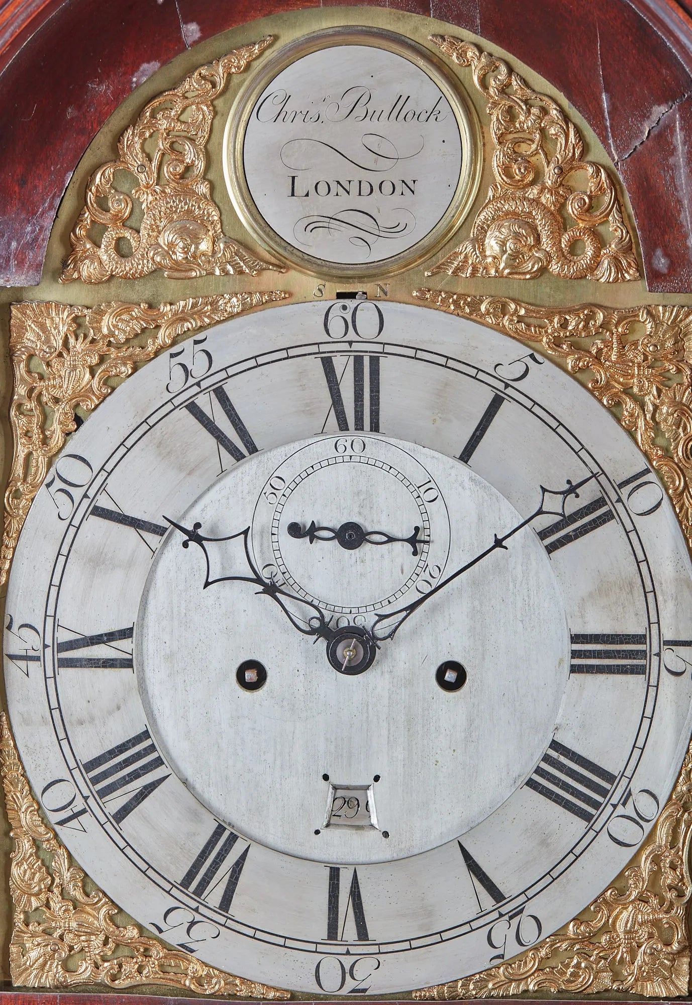 TK1-035: English George III mahogany tall case clock, Christopher Bullock, London Late 18th Century