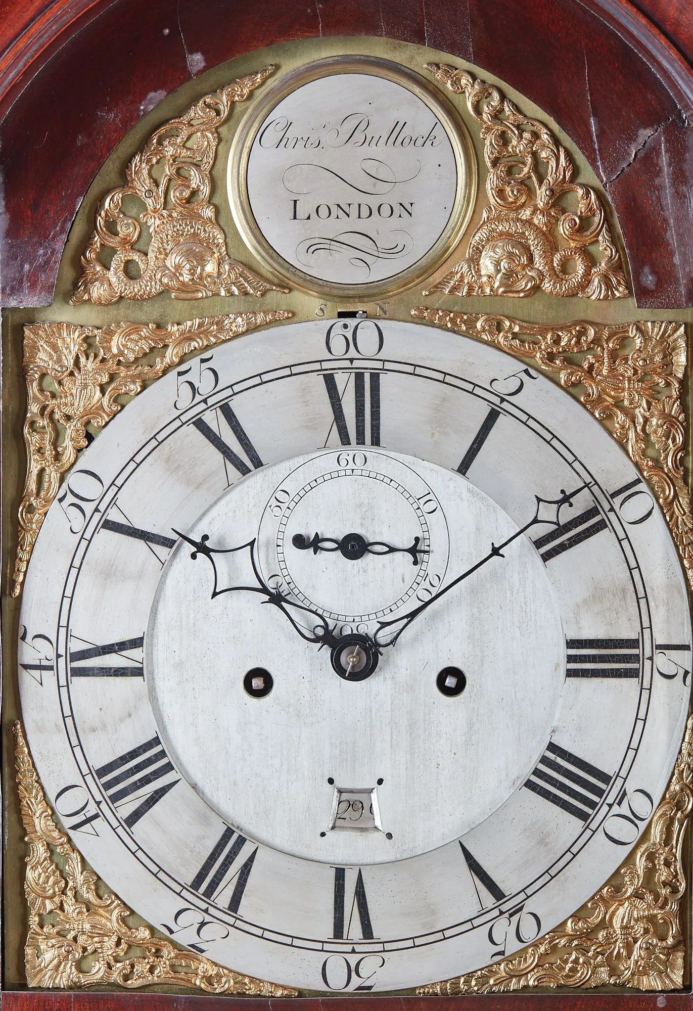 TK1-035: English George III mahogany tall case clock, Christopher Bullock, London Late 18th Century