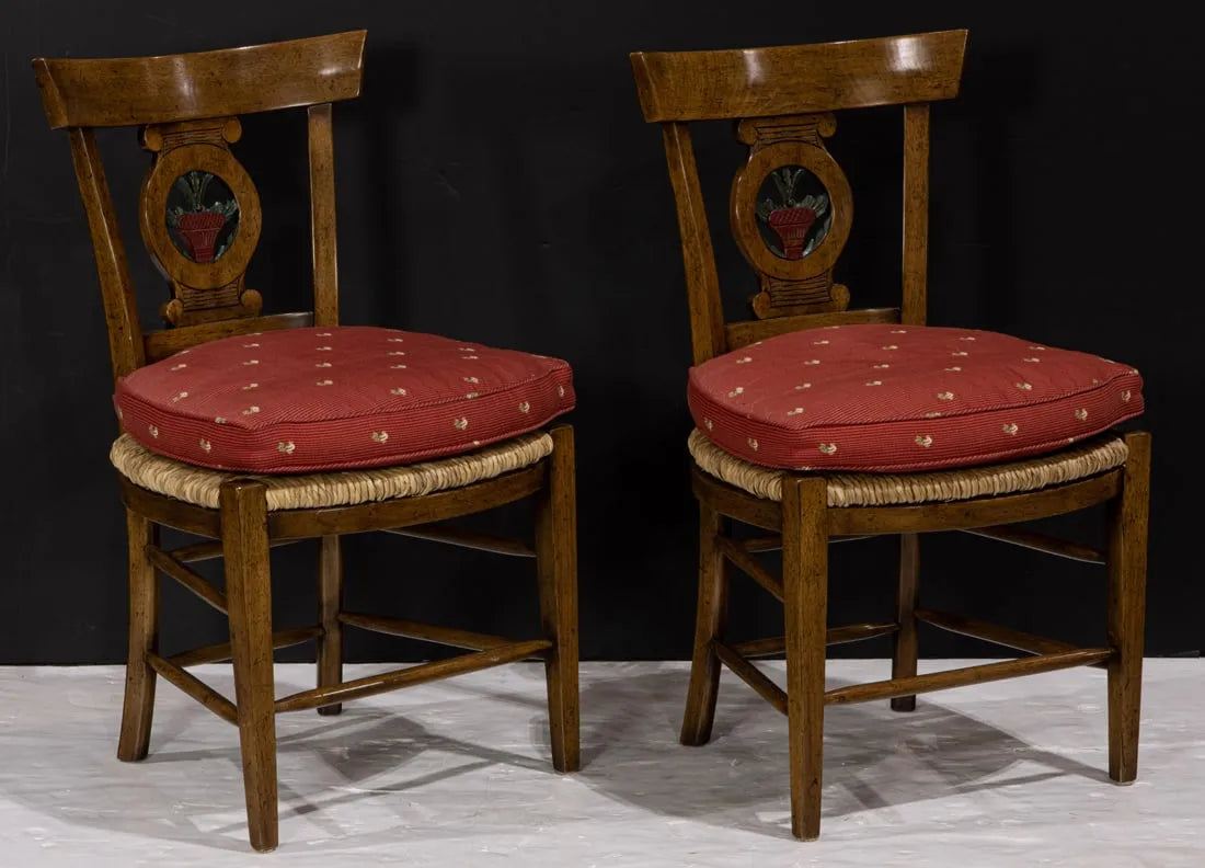 AF2-363: Vintage Pair of Late 20th Century William Switzer French Provincial Side Chairs w/ Rush Seats