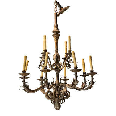 Late 20th Century Spanish Baroque Wrought Iron Nine Light Chandelier | Work of Man