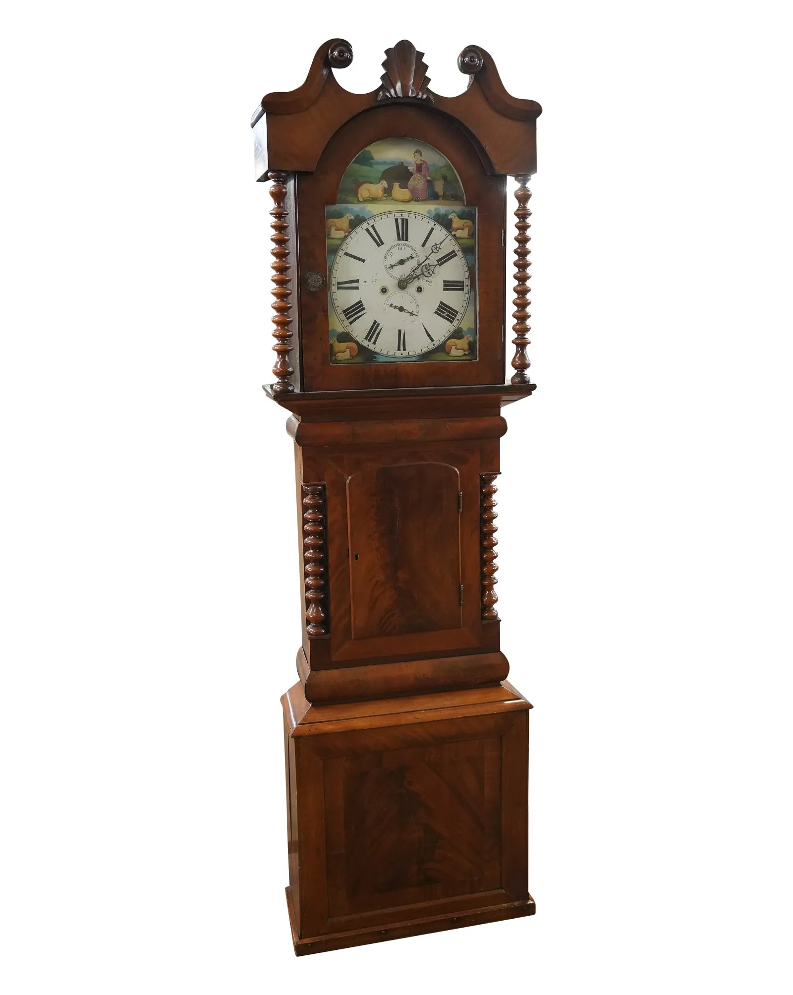TK1-030: Mid 18th Century English Mahogany Tall Case  Clock w/ Hand Painted Dial