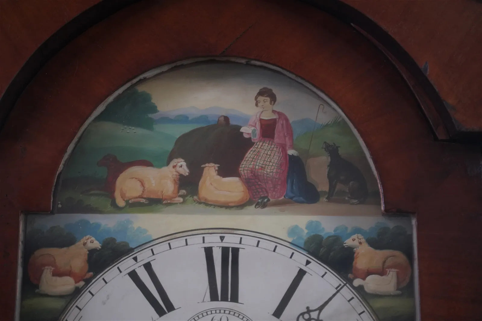 TK1-030: Mid 18th Century English Mahogany Tall Case  Clock w/ Hand Painted Dial