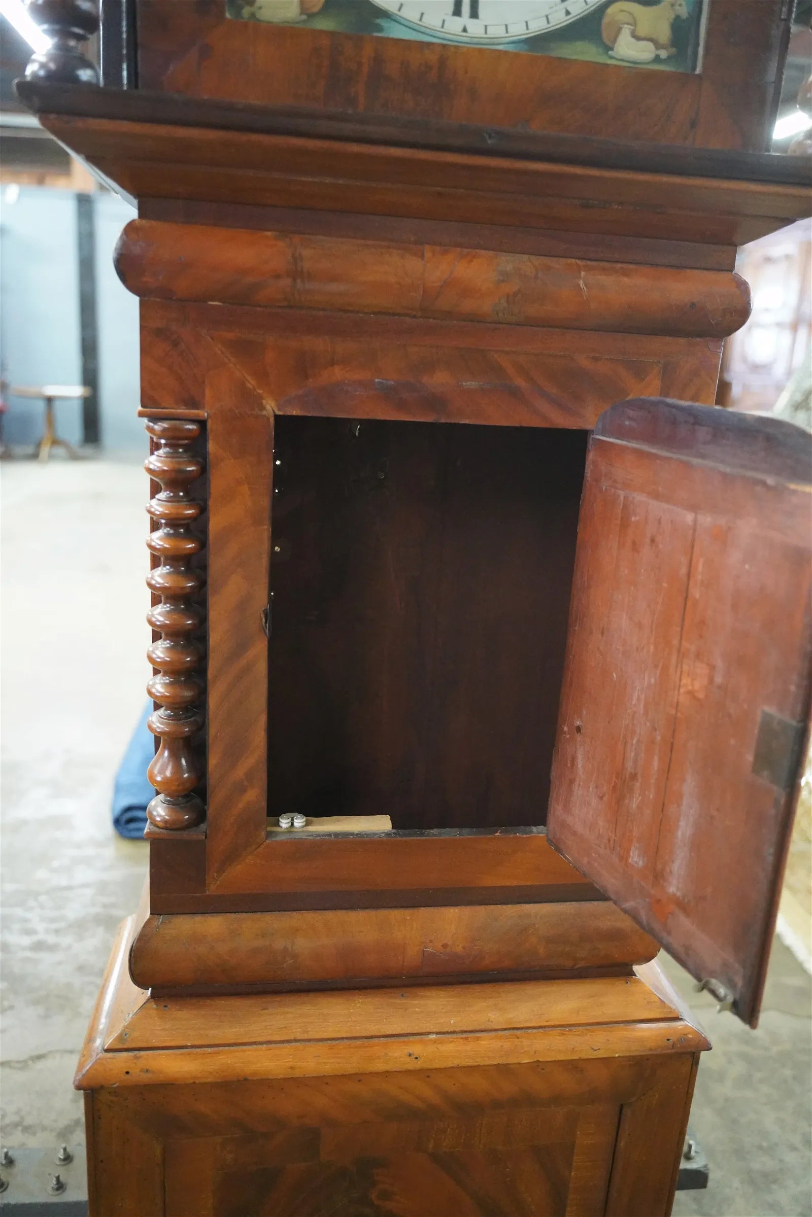 TK1-030: Mid 18th Century English Mahogany Tall Case  Clock w/ Hand Painted Dial