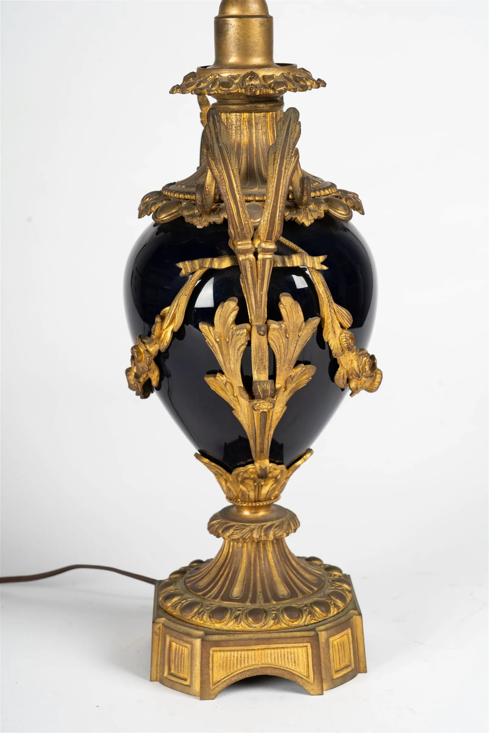 AL2-018: Antique Circa 1920 French Gilt Bronze Mounted Cobalt Blue Porcelain Urn Form Table Lamp