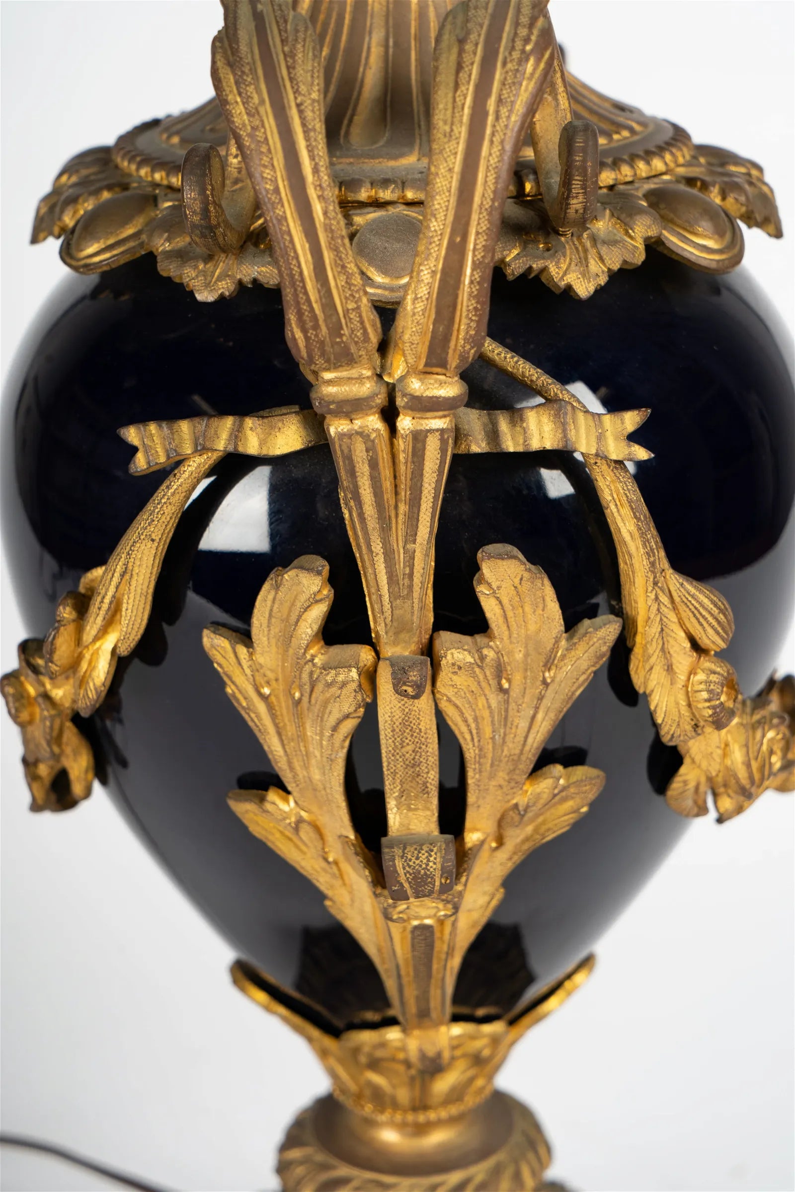 AL2-018: Antique Circa 1920 French Gilt Bronze Mounted Cobalt Blue Porcelain Urn Form Table Lamp