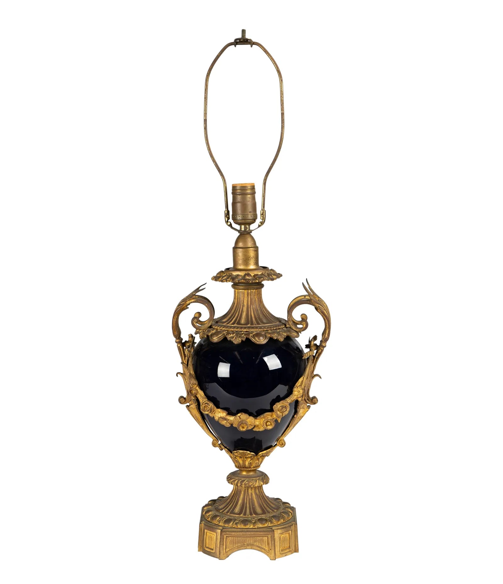 AL2-018: Antique Circa 1920 French Gilt Bronze Mounted Cobalt Blue Porcelain Urn Form Table Lamp