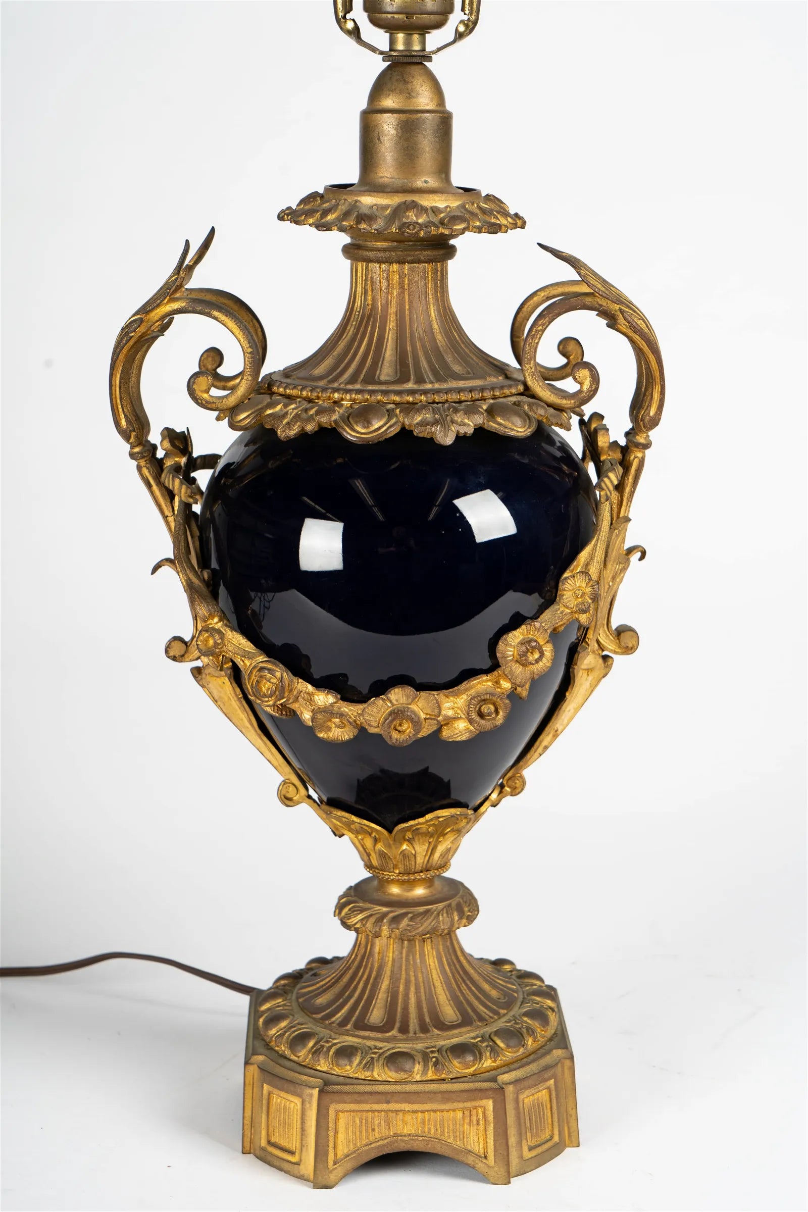 AL2-018: Antique Circa 1920 French Gilt Bronze Mounted Cobalt Blue Porcelain Urn Form Table Lamp
