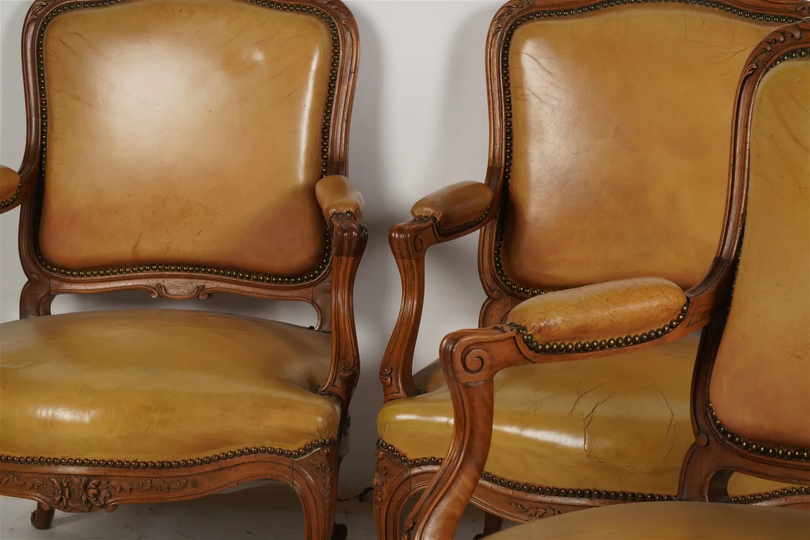AF2-036: Pair of Late 20th Century French Provincial Fruitwood Fauteuils w/ Leather Upholstery